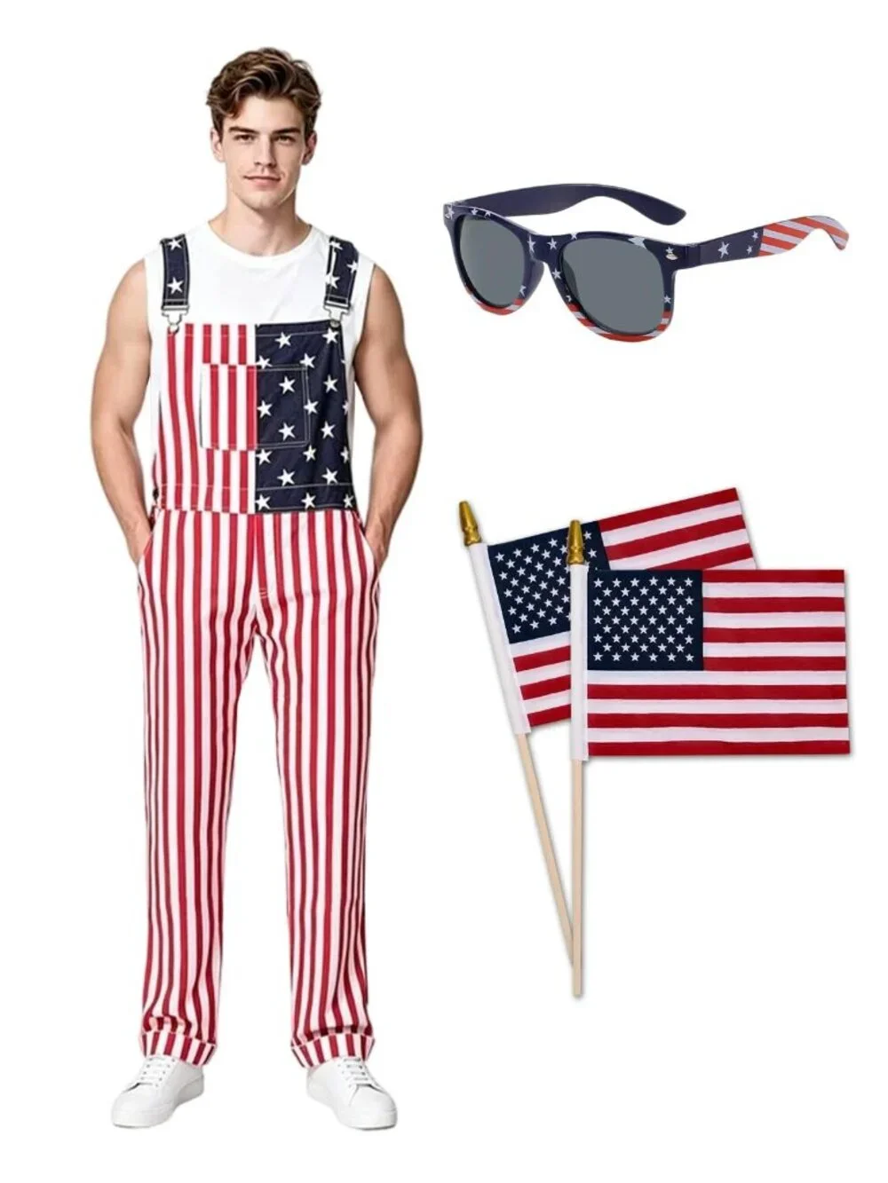 Esiaphia Men's American Flag Overalls (Small) Red White Blue